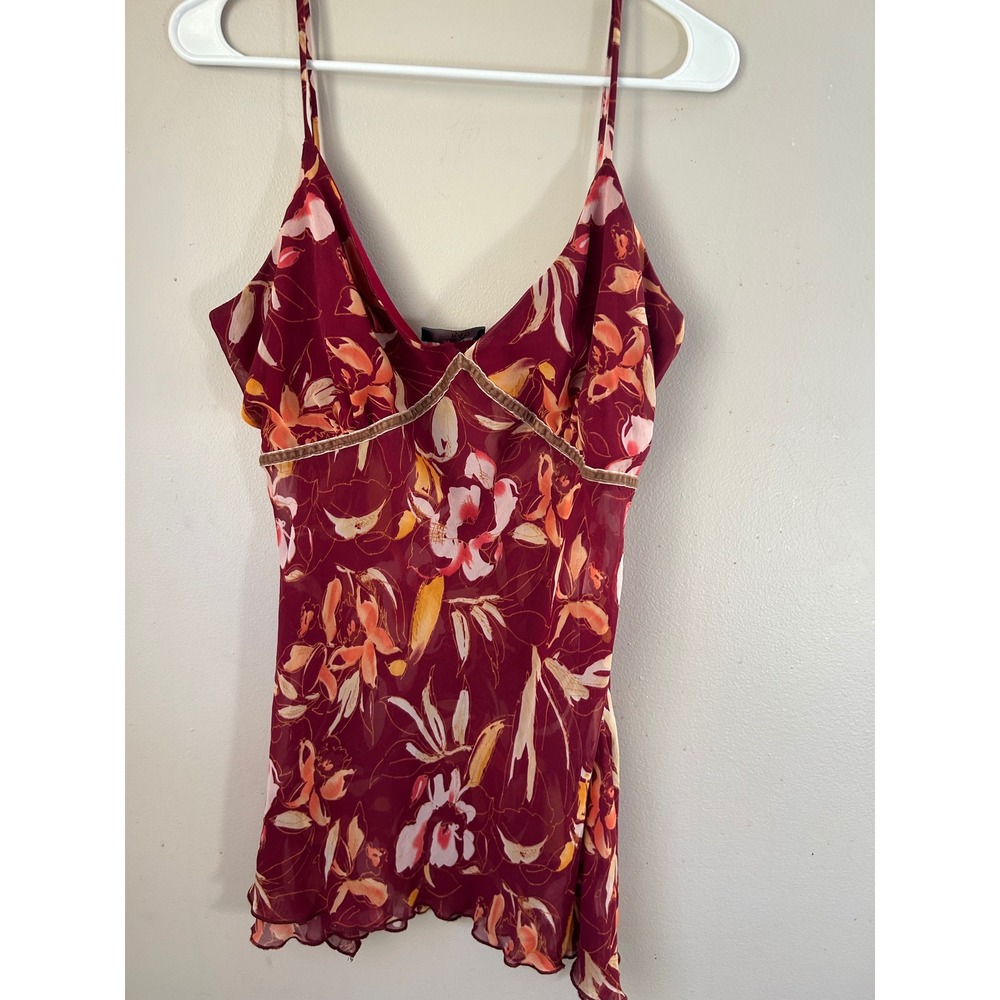 Y2K  RAG Burgundy Floral‎ Print Sheer Slip Top Cottagecore Whimsical Whimsigoth
